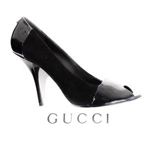 Gucci Black Patent Leather Peep-Toe Pumps w/GG Logo